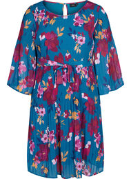 Bedrukte geplooide jurk met bindband, Blue Coral Flower