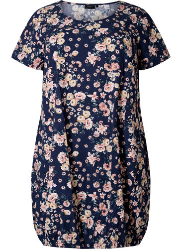 Katoenen jurk met korte mouwen en print, Blue Rose Flower, Packshot image number 0