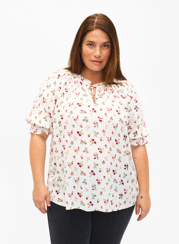 Gebloemde viscose blouse met halve mouwen, B. White Rose Flower, Model image number 0