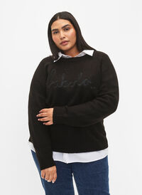 Gebreide blouse met geborduurde tekst, Black/Black, Model