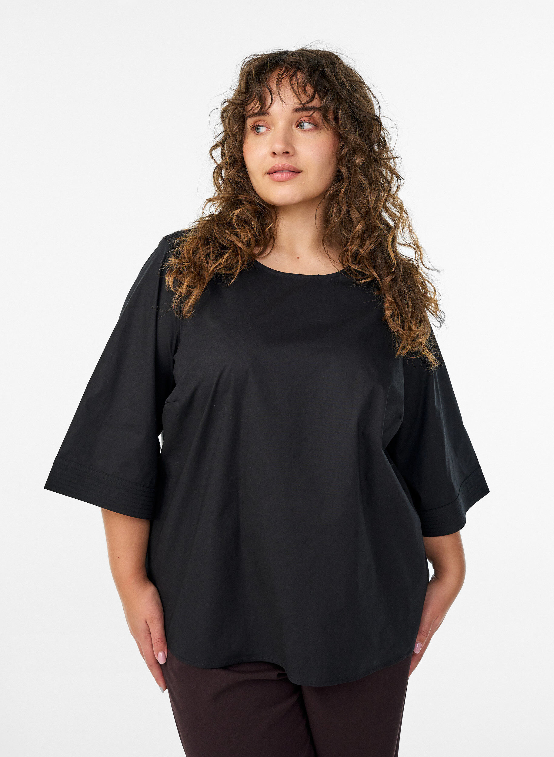 Blouse met stikdetails en 3/4-mouwen, Zwart, Model