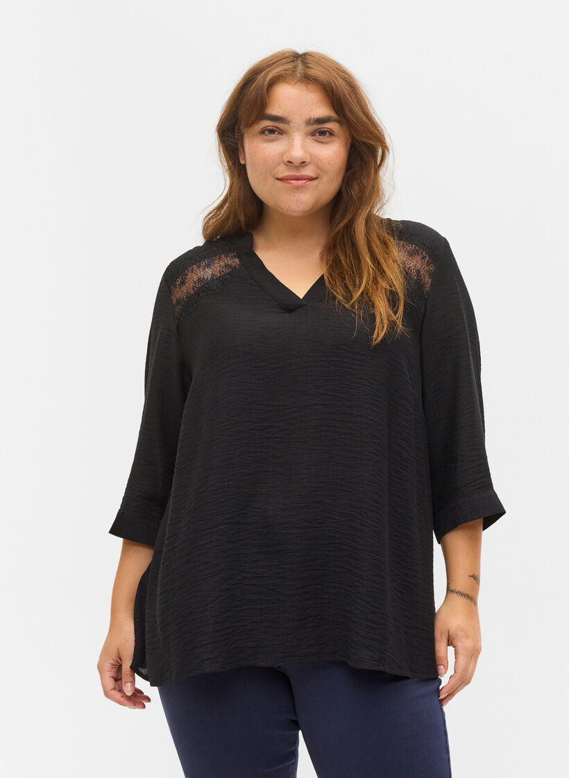 Viscose blouse met 3/4 mouwen en kant detail, Black, Model image number 0