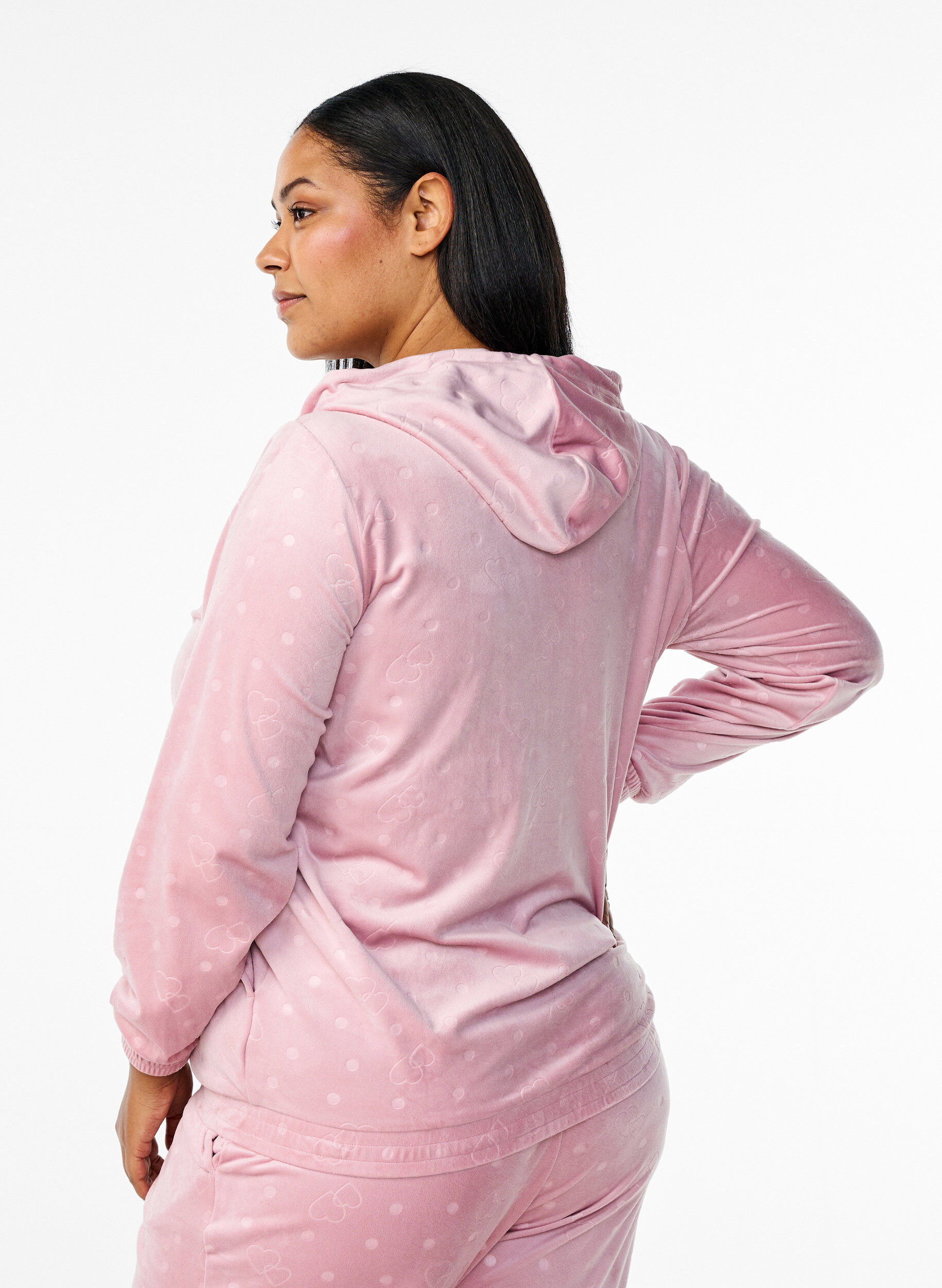 Zizzi Velour cardigan met capuchon en zakken, Roze, Model image number 2
