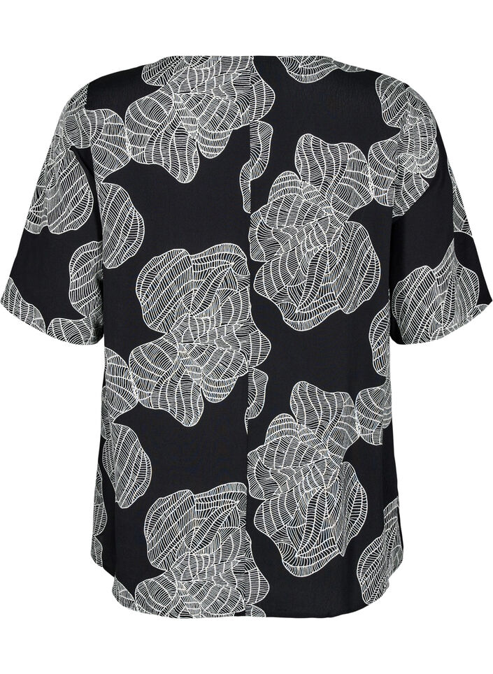 Viscose blouse met korte mouwen met print, Zwart, Packshot image number 1