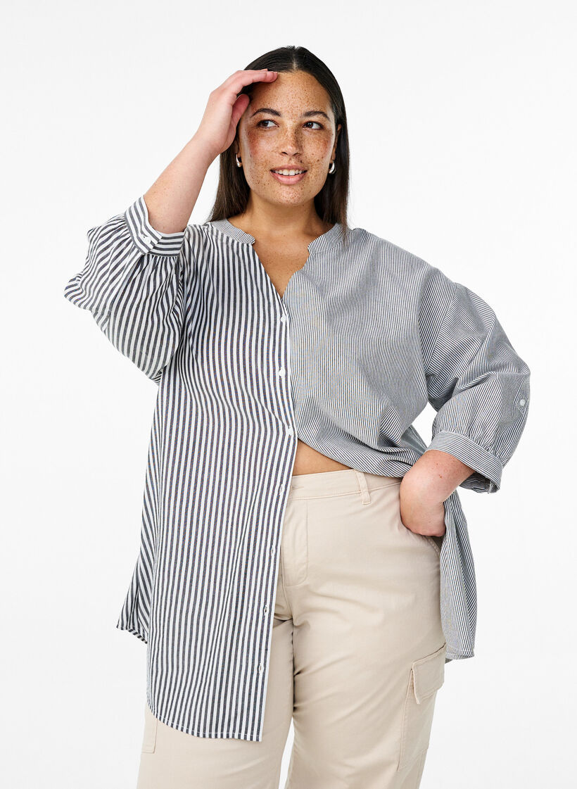 Geruite tuniek met 3/4 mouwen, Zwart, Model image number 0