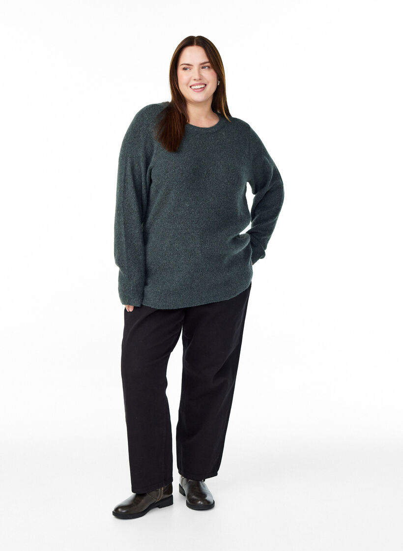 Gem&ecirc;leerde gebreide blouse met ronde hals, Groen, Model image number 1