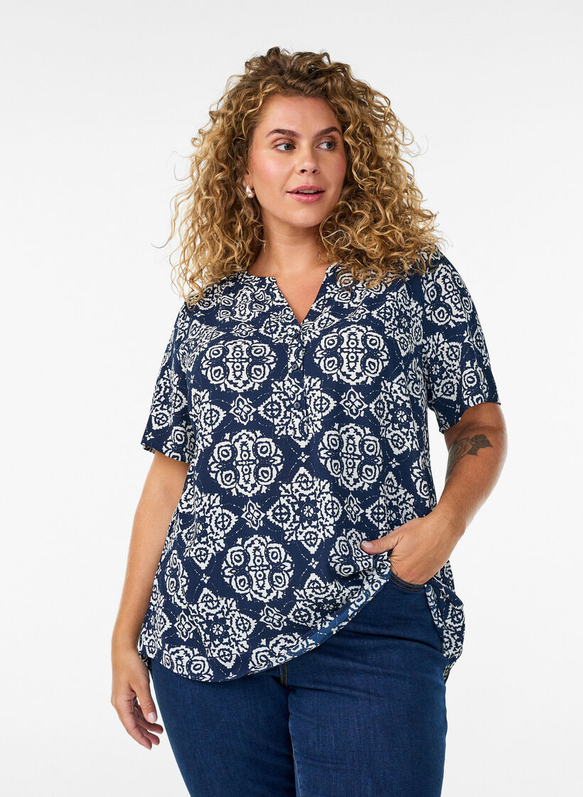 Blouse met korte mouwen en v-halslijn, Blauw, Model image number 0