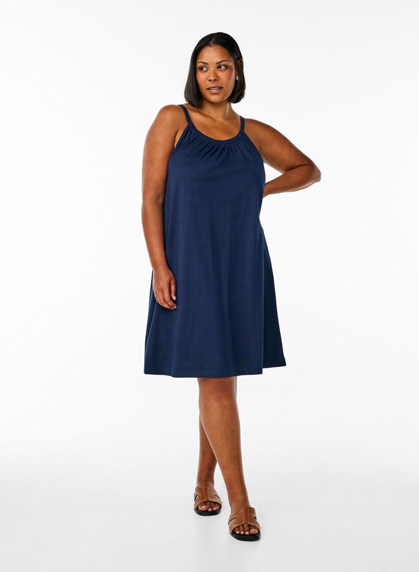 Jurk met middelhoge bandjes van biologisch katoen, Blauw, Model image number 1