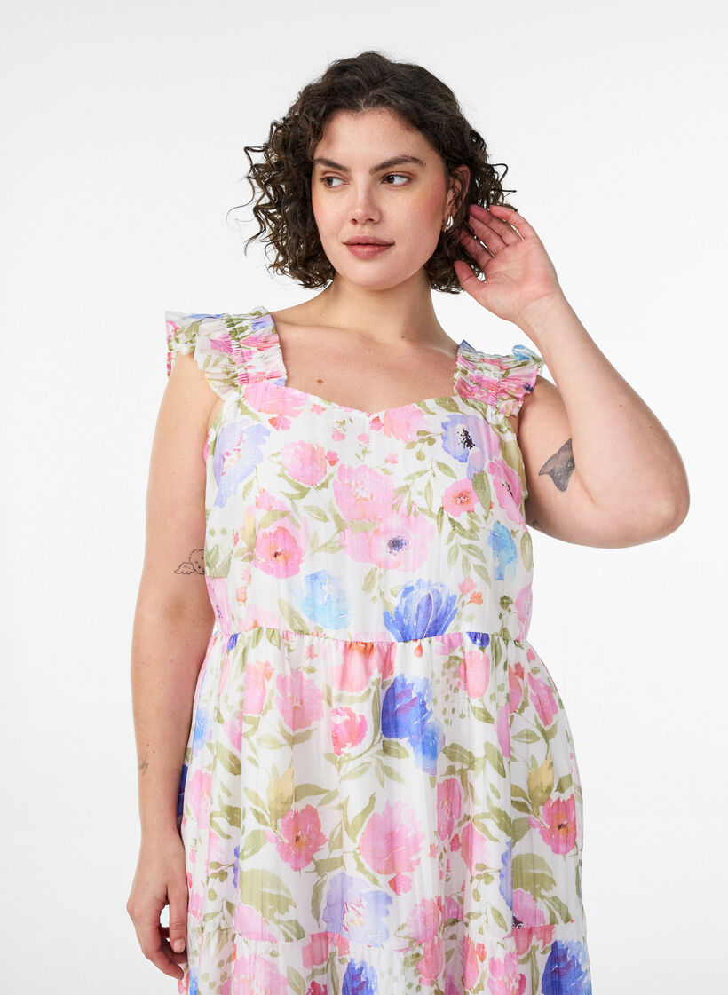 Lange bloemenjurk in lyocell met ruches, Wit, Model image number 2