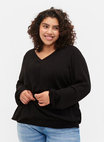 Viscose blouse met smok, Black, Model image number 0