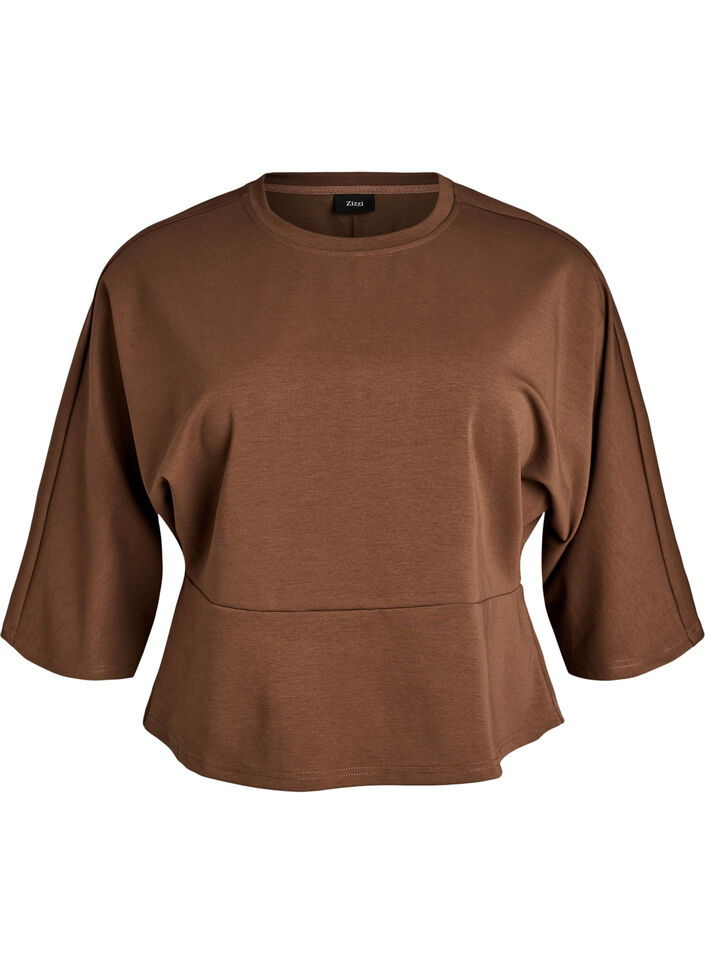 Peplum blouse met ellebooglange mouwen, Bruin, Packshot image number 0