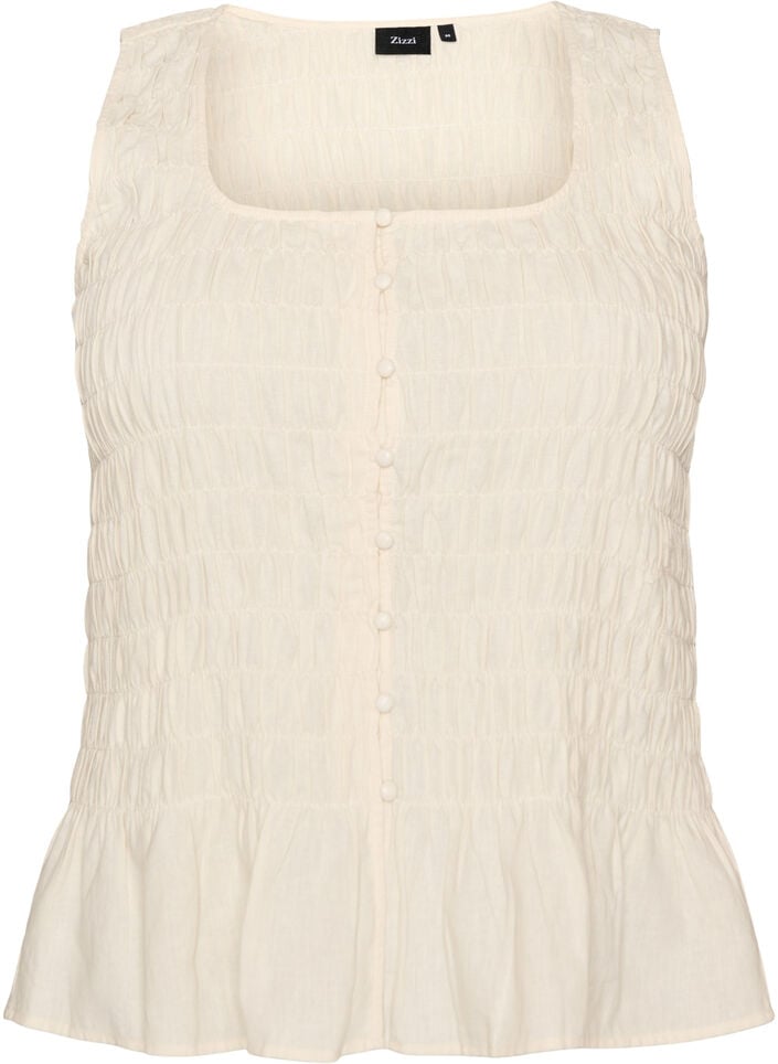 Mouwloze top van katoen en linnen met smock, Vanille, Packshot image number 0