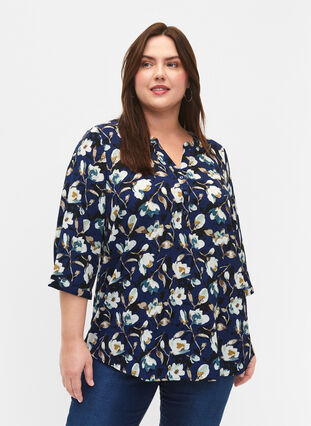 Gebloemde blouse met 3/4 mouwen, P. Blue Flower AOP, Model image number 0