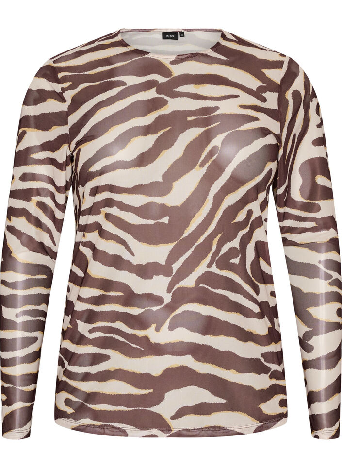 Mesh blouse met print, Bruin, Packshot image number 0