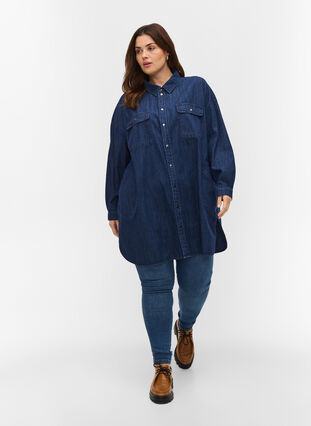 Oversized denim blouse met zakken, Dark blue denim, Model image number 2