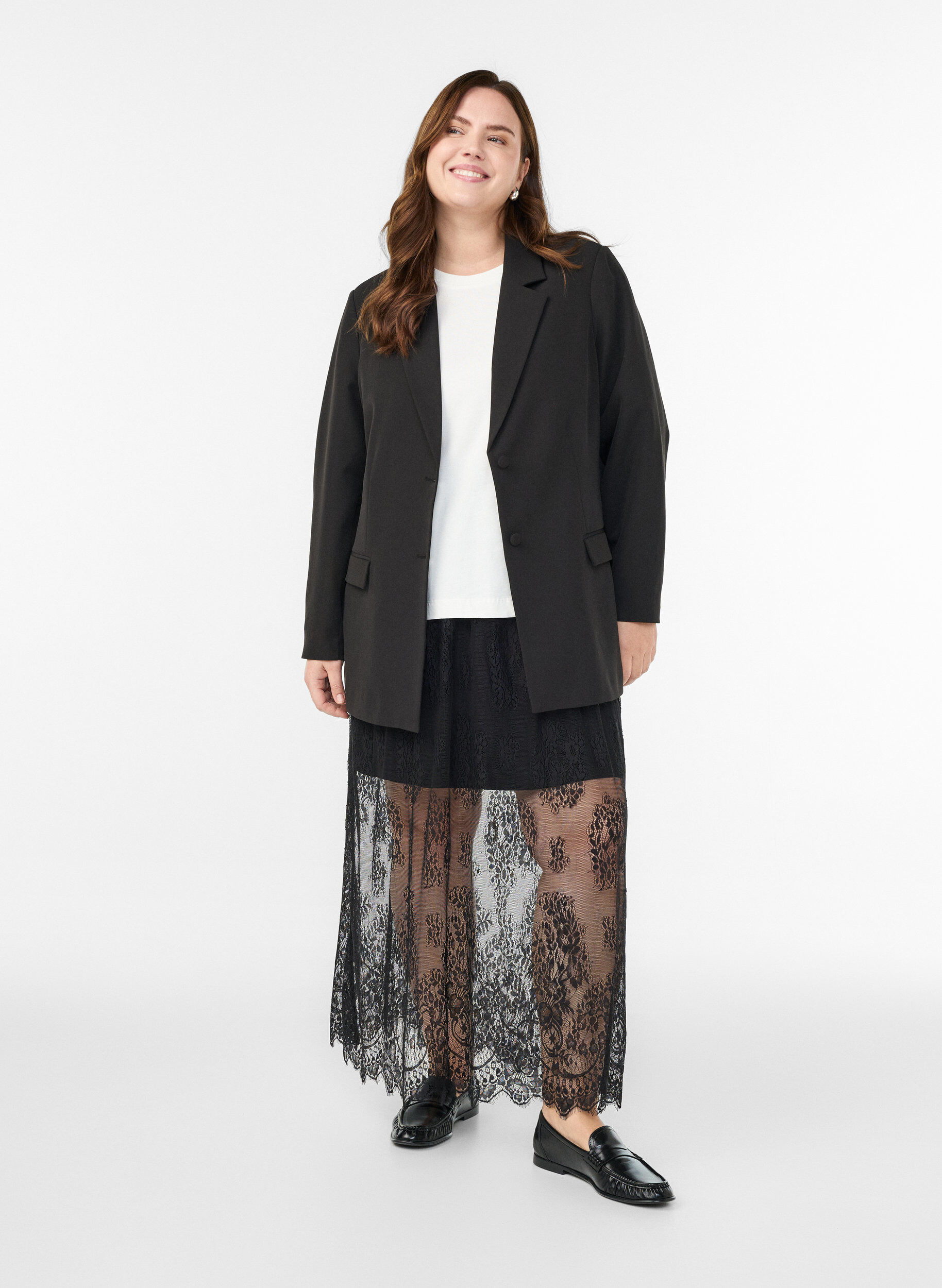 Zizzi Lange rok van kant met elastische taille, Zwart, Model image number 0