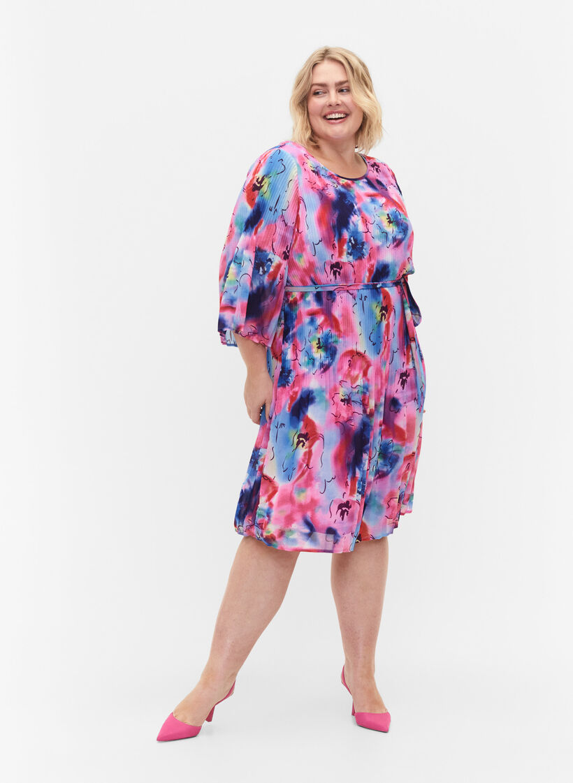 Bedrukte geplooide jurk met bindband, Lavender Space AOP, Model image number 3