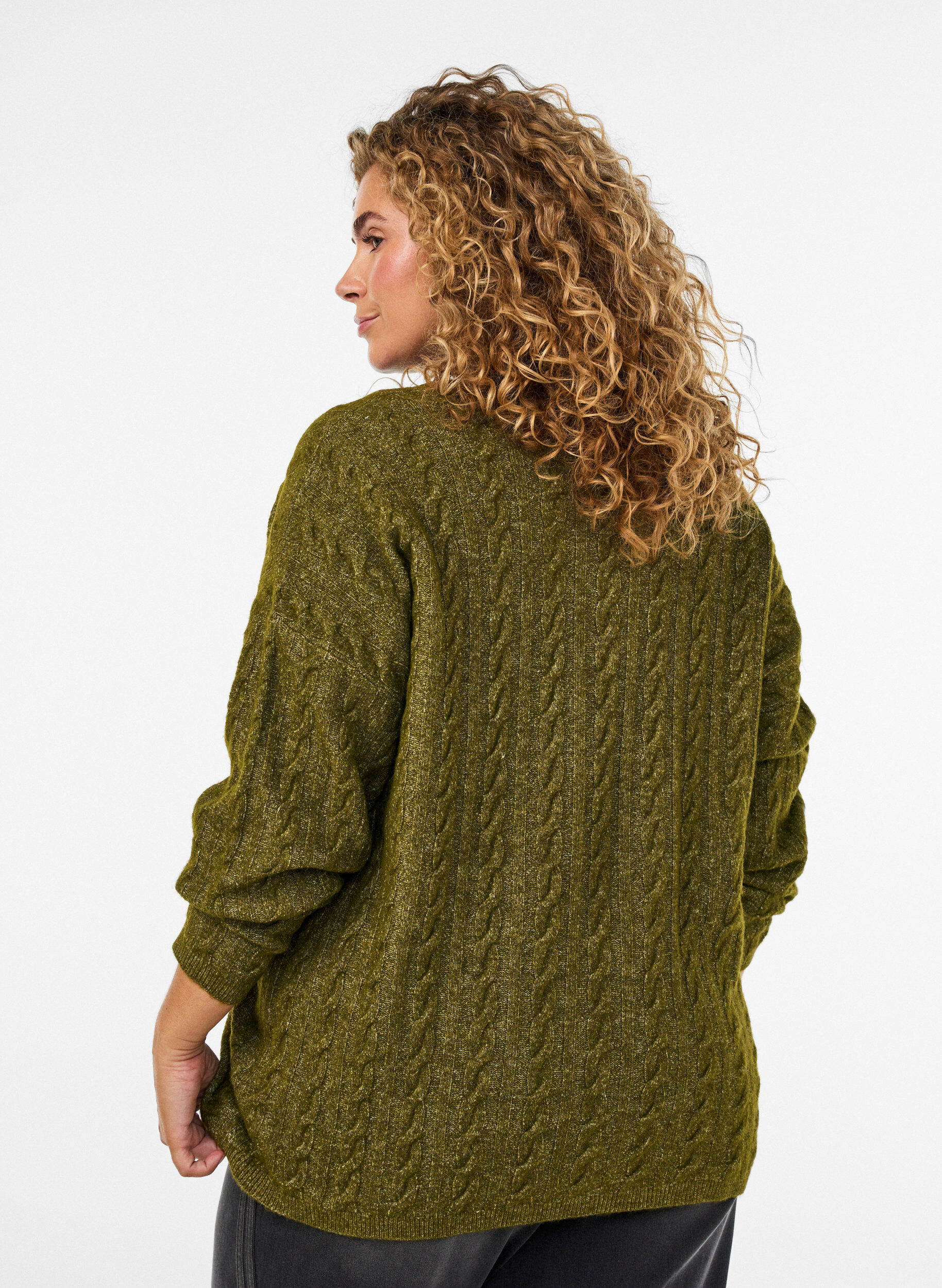 ZizziGebreide blouse met kabelpatroon en V-hals, Groen, Model image number 2