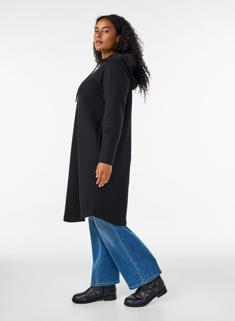Sweatshirt jurk met capuchon en zakken, Zwart, Model image number 2