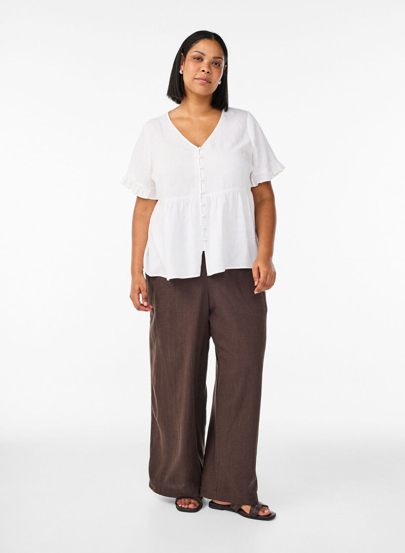 Blouse in linnen en viscose met een V-hals en knoopsluiting, Wit, Model image number 1