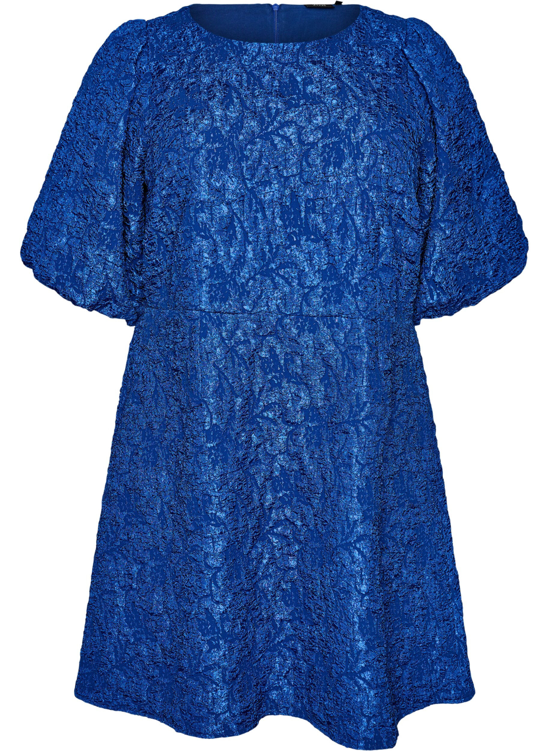 ZizziJacquard jurk met pofmouwen en A-lijn, Blauw, Packshot image number 0