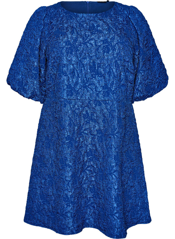 Jacquard jurk met pofmouwen en A-lijn, Blauw, Packshot image number 0