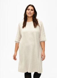 Gebreide jurk met 3/4 pofmouwen, Pumice S./White Mel., Model