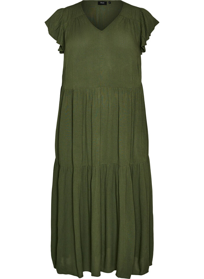 Midi jurk van viscose met ruches mouwen, Groen, Packshot image number 0