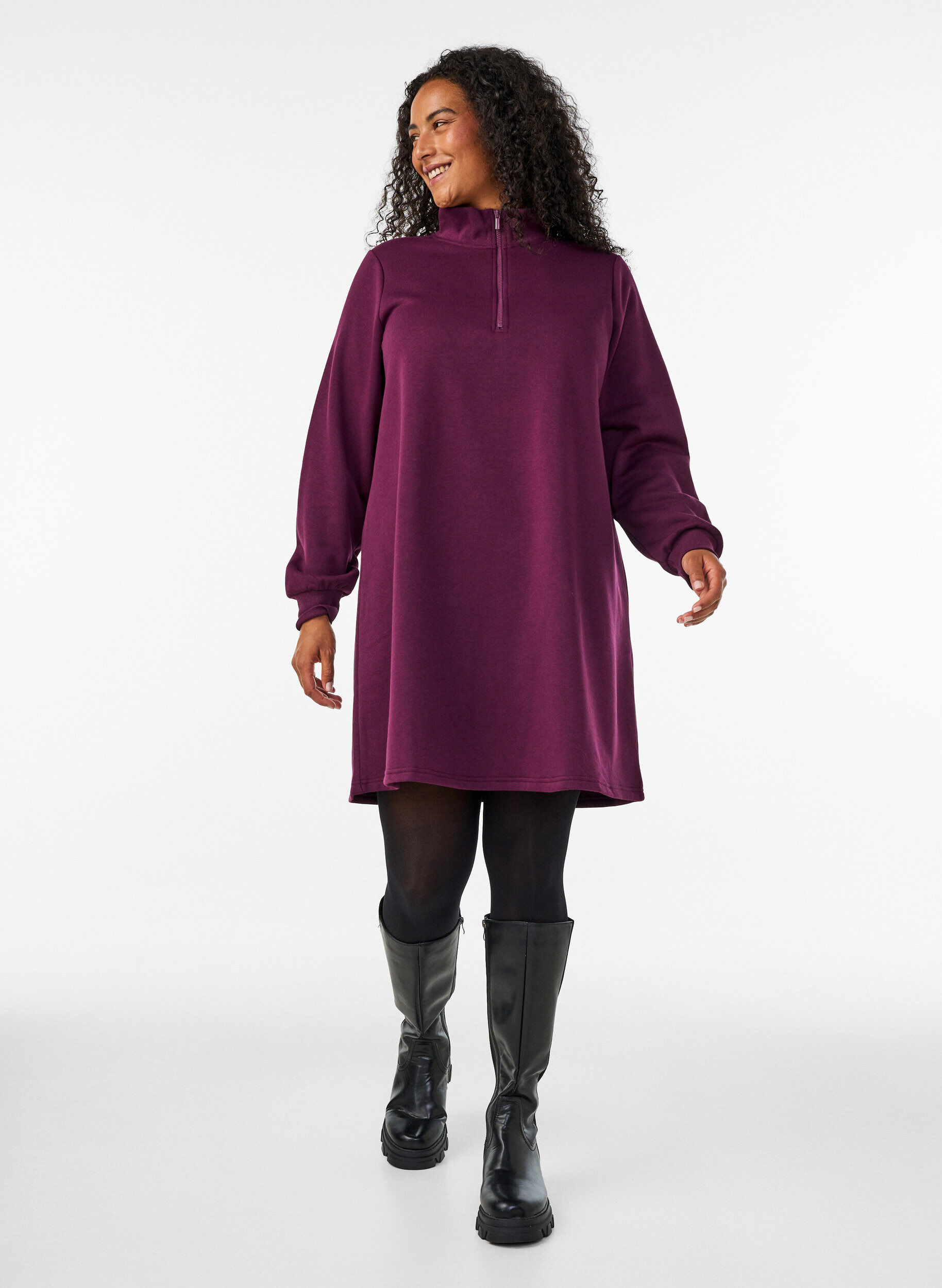 ZizziSweatshirtjurk met hoge ribkraag en rits, Paars, Model image number 1