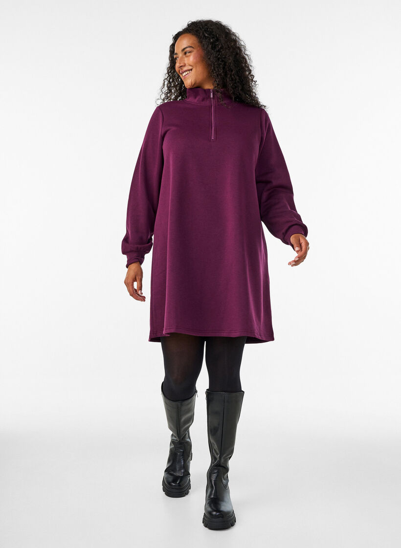 Sweatshirtjurk met hoge ribkraag en rits, Paars, Model image number 1