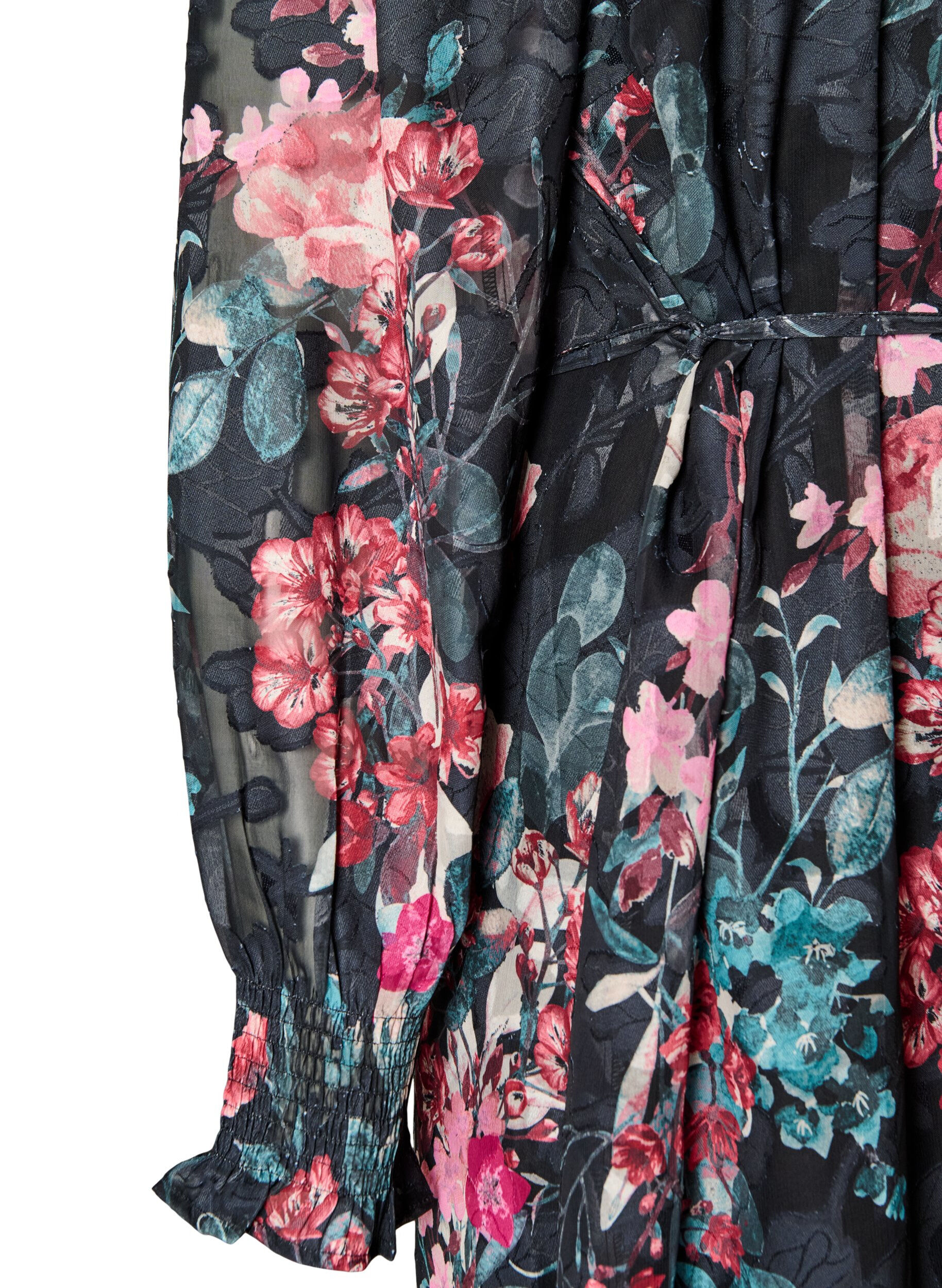 ZizziBloemen midi-jurk met geweven textuur en strikceintuur, Zwart, Packshot image number 3
