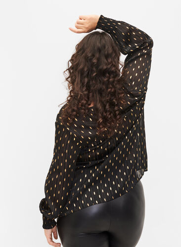 Bedrukte blouse met smok en v-hals, Black w. Gold, Model image number 1