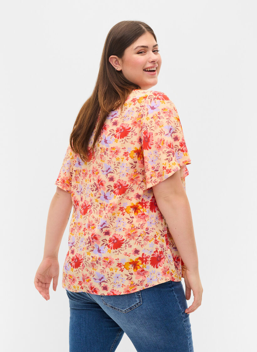 Viscose top met korte mouwen en bloemenprint, Red Orange AOP, Model image number 1