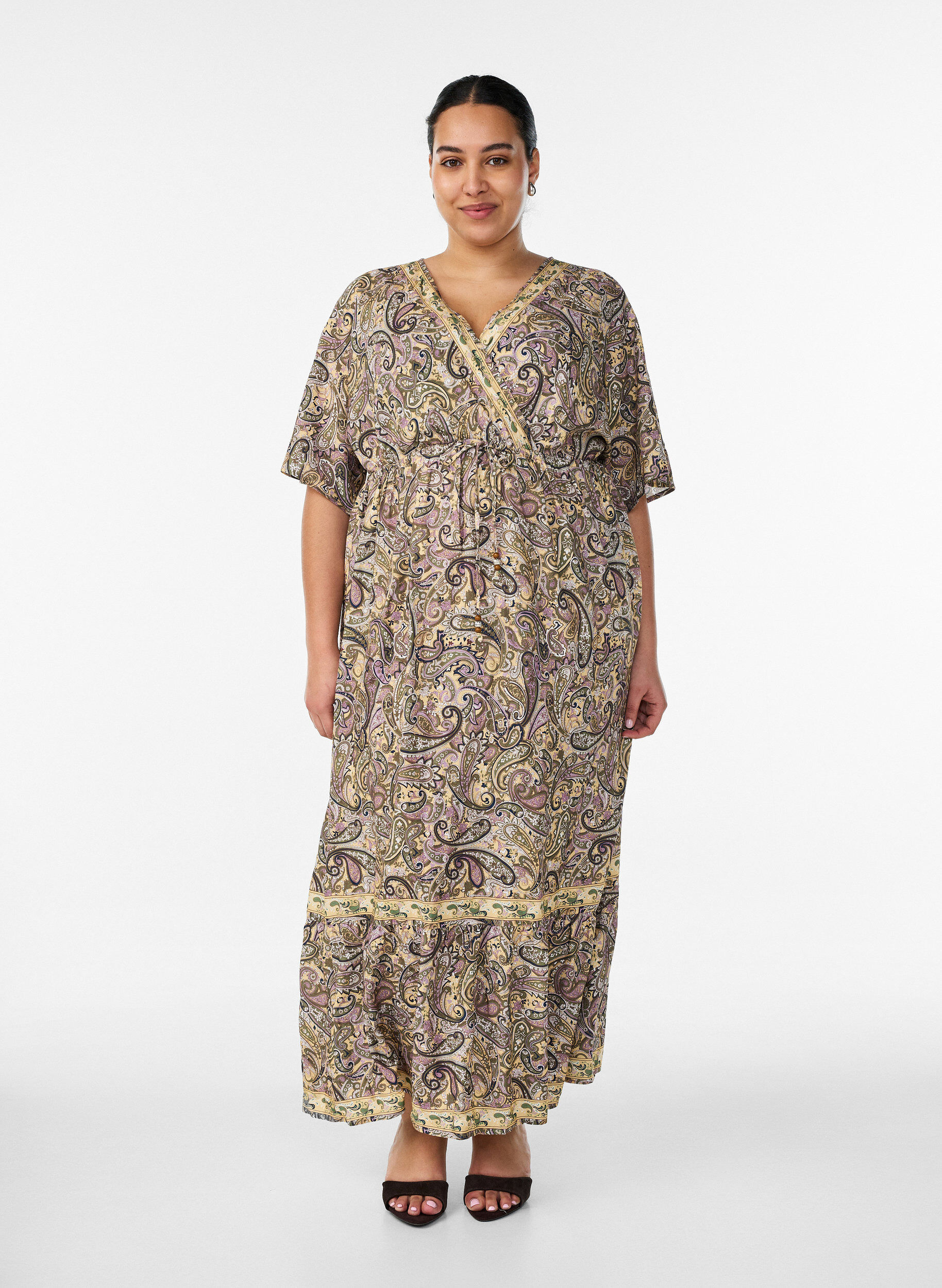 ZizziMaxi-jurk van viscose met een paisleyprint, Geel, Model image number 0