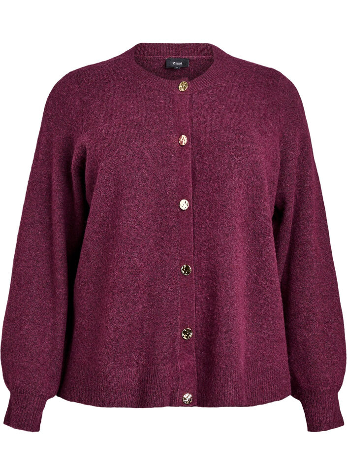 Cardigan in zacht breisel met goudkleurige knopen, Donker Bordeaux, Packshot image number 0