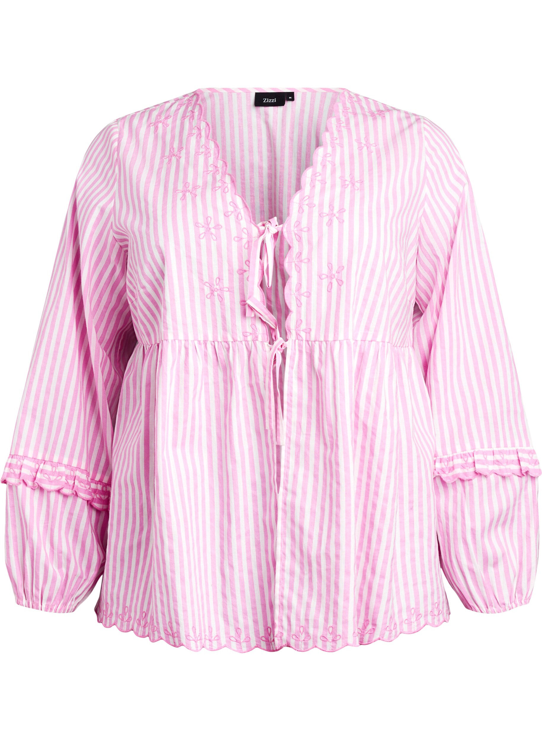 Zizzi Gestreepte blouse met open voorkant en geborduurde details, Roze, Packshot image number 0