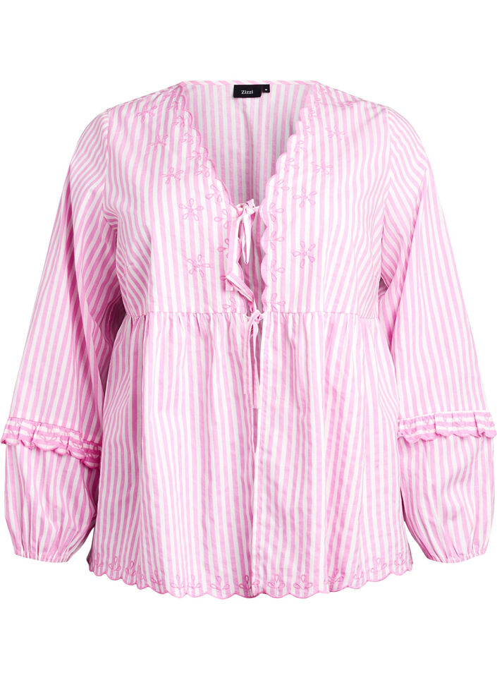Gestreepte blouse met open voorkant en geborduurde details, Roze, Packshot image number 0