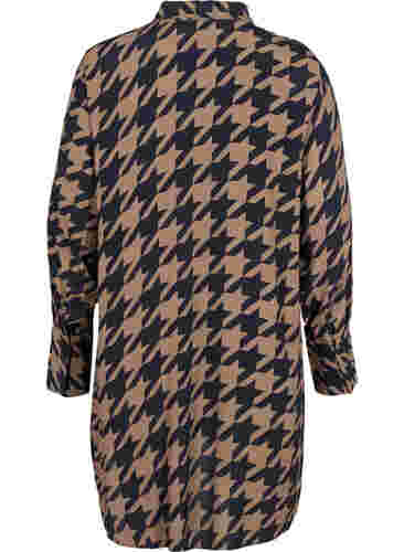 Lang viscose overhemd met patroon, Brown Houndsthooth, Packshot image number 1