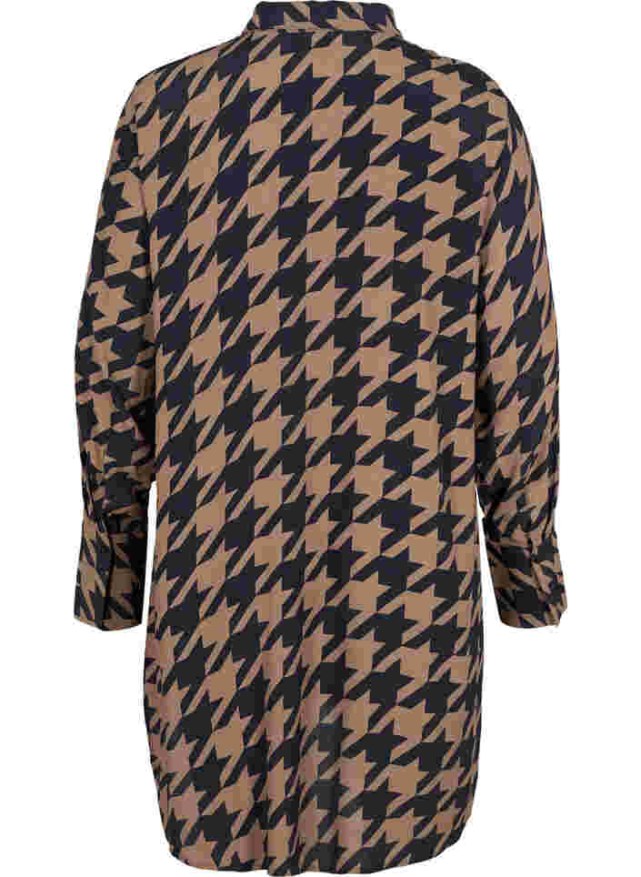 Lang viscose overhemd met patroon, Brown Houndsthooth, Packshot image number 1