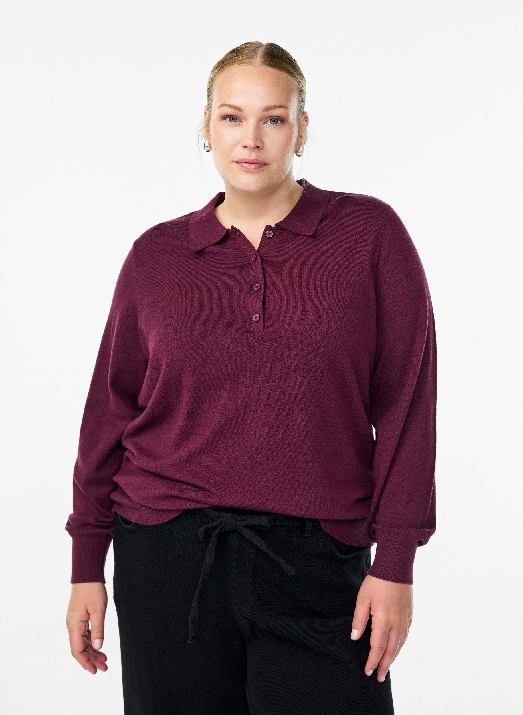 Strik blouse met kraag, Donker Bordeaux, Model