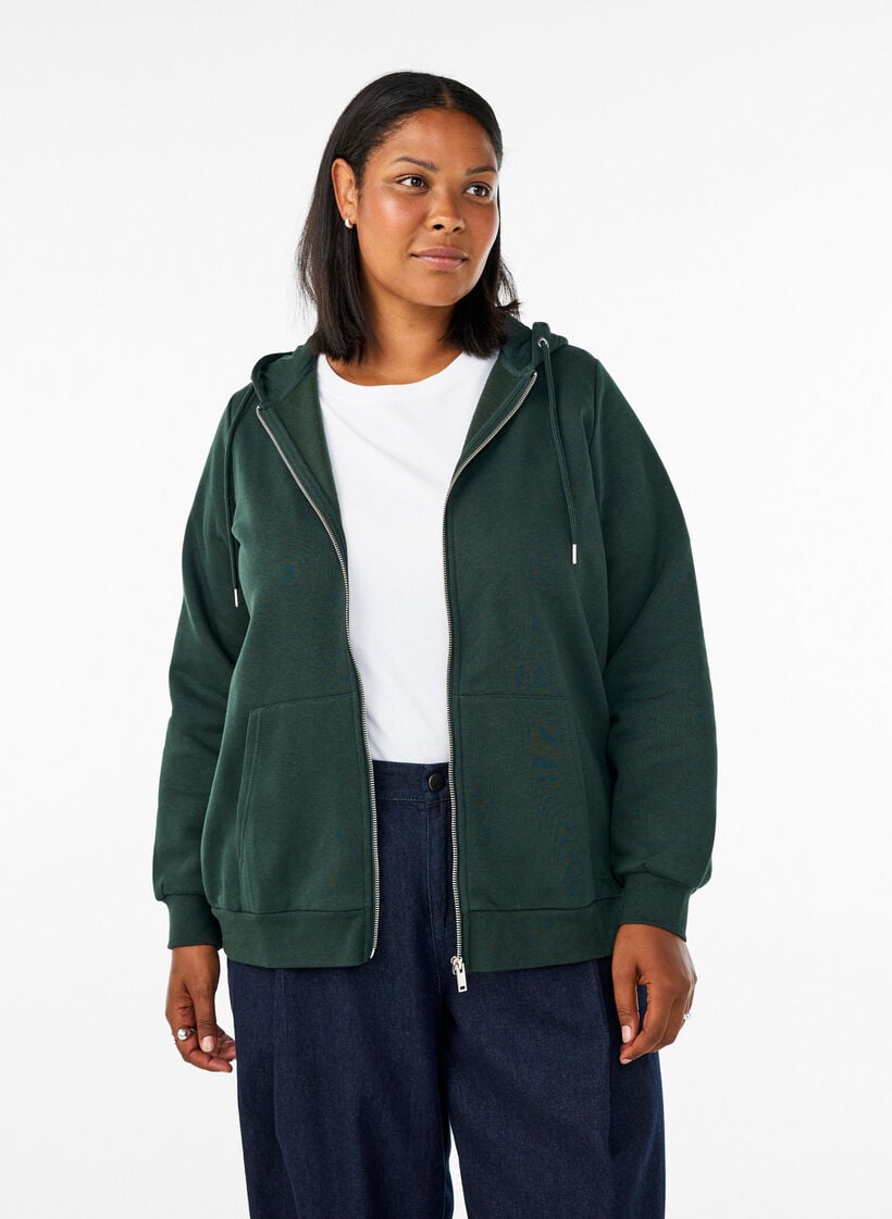Sweatshirt met capuchon, ritssluiting en zakken, Groen, Model image number 0