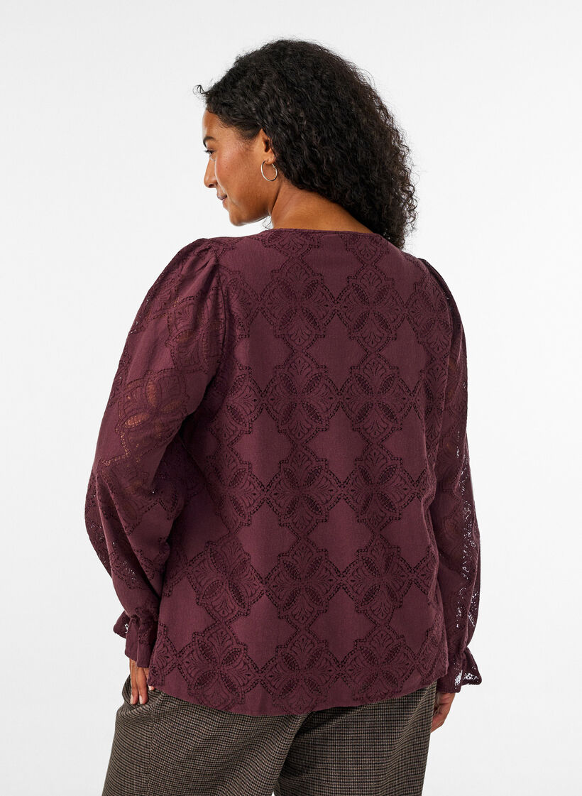 Blouse met lange mouwen met kantpatroon, Donker Bordeaux, Model image number 2