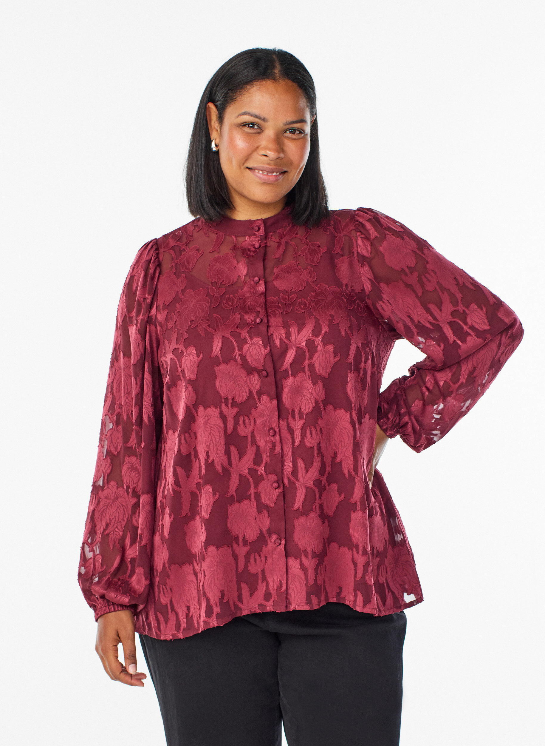 Blouse met knoopjes en bloemenpatroon, Donker Bordeaux, Model