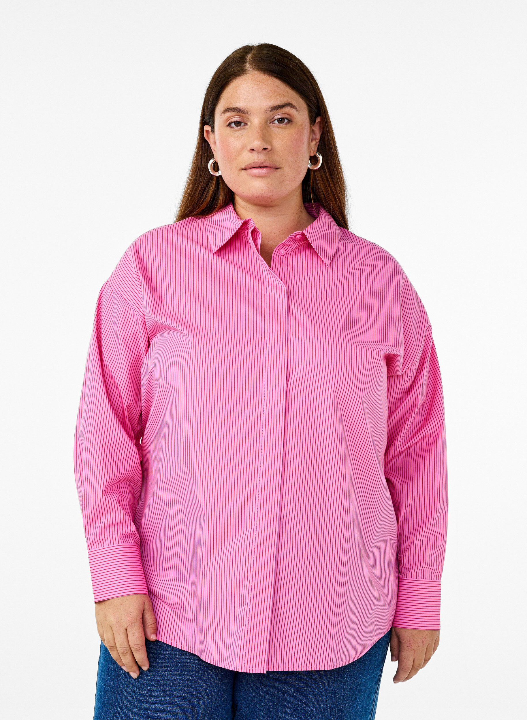 Zizzi Losse shirt met lange mouwen en strepen, Roze, Model image number 0
