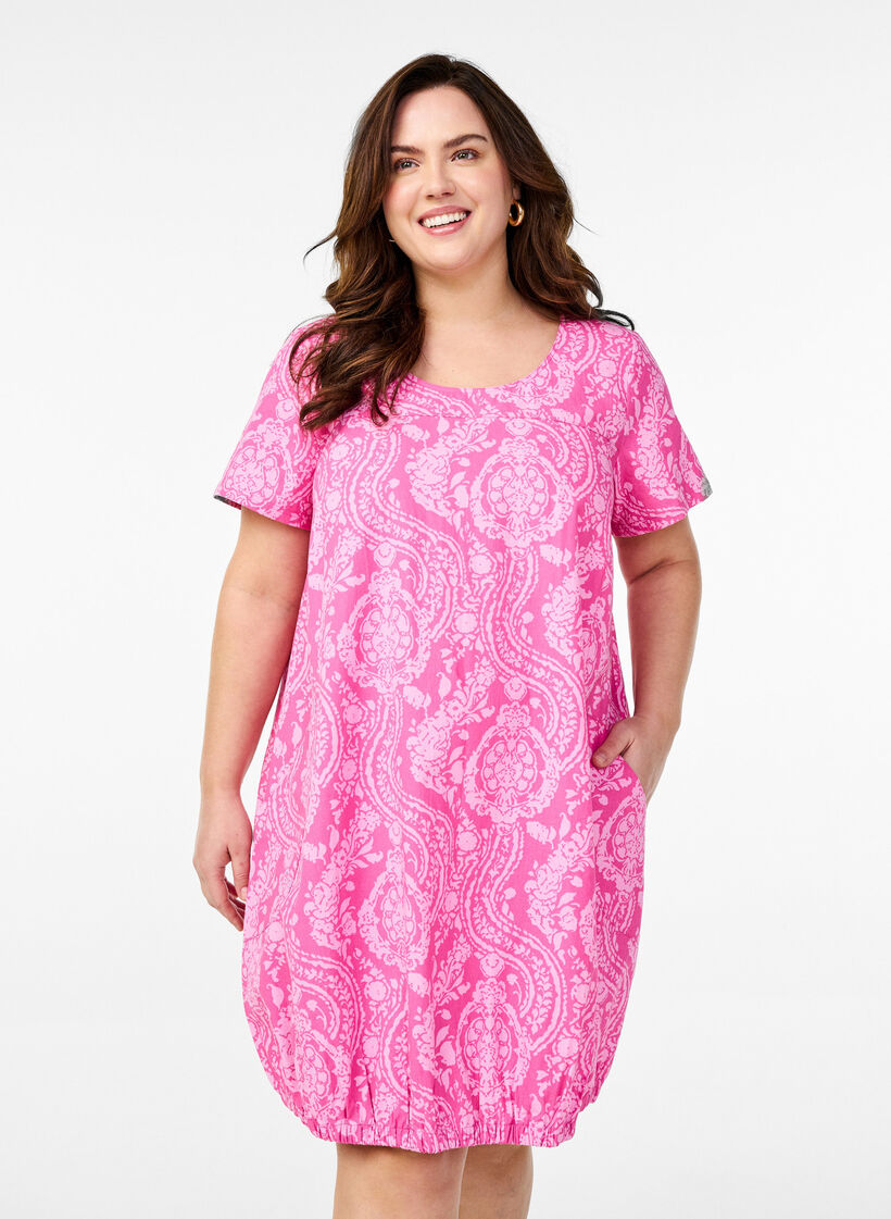 Katoenen jurk met korte mouwen en print, Roze, Model image number 0