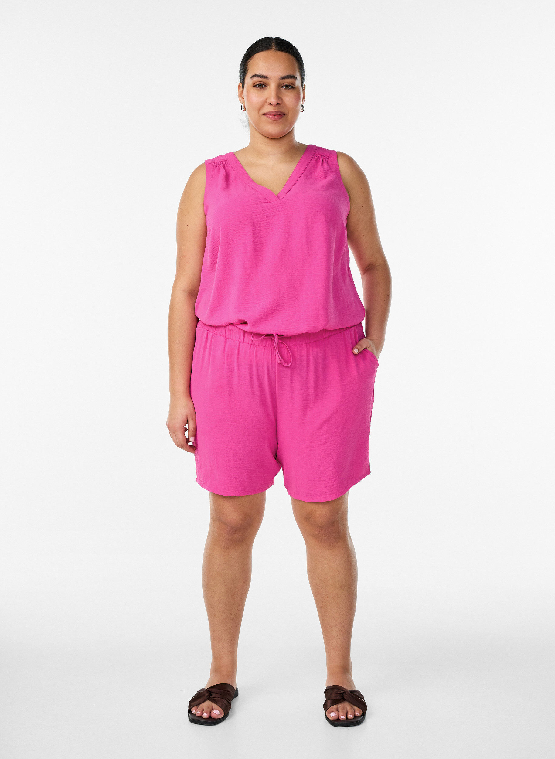 ZizziMouwloze top met kreukeffecten, Roze, Model image number 1