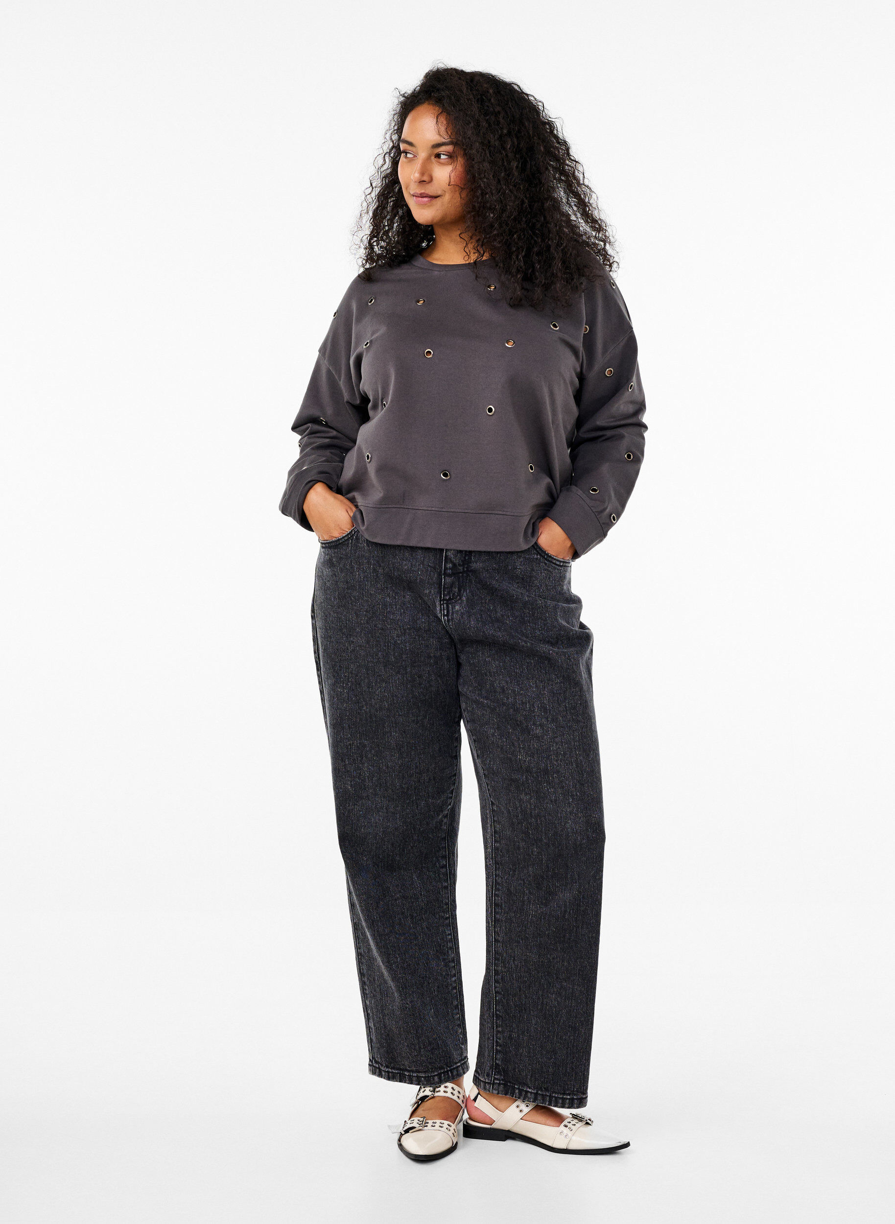 Zizzi Sweatshirt met oogjes, Grijs, Model image number 1