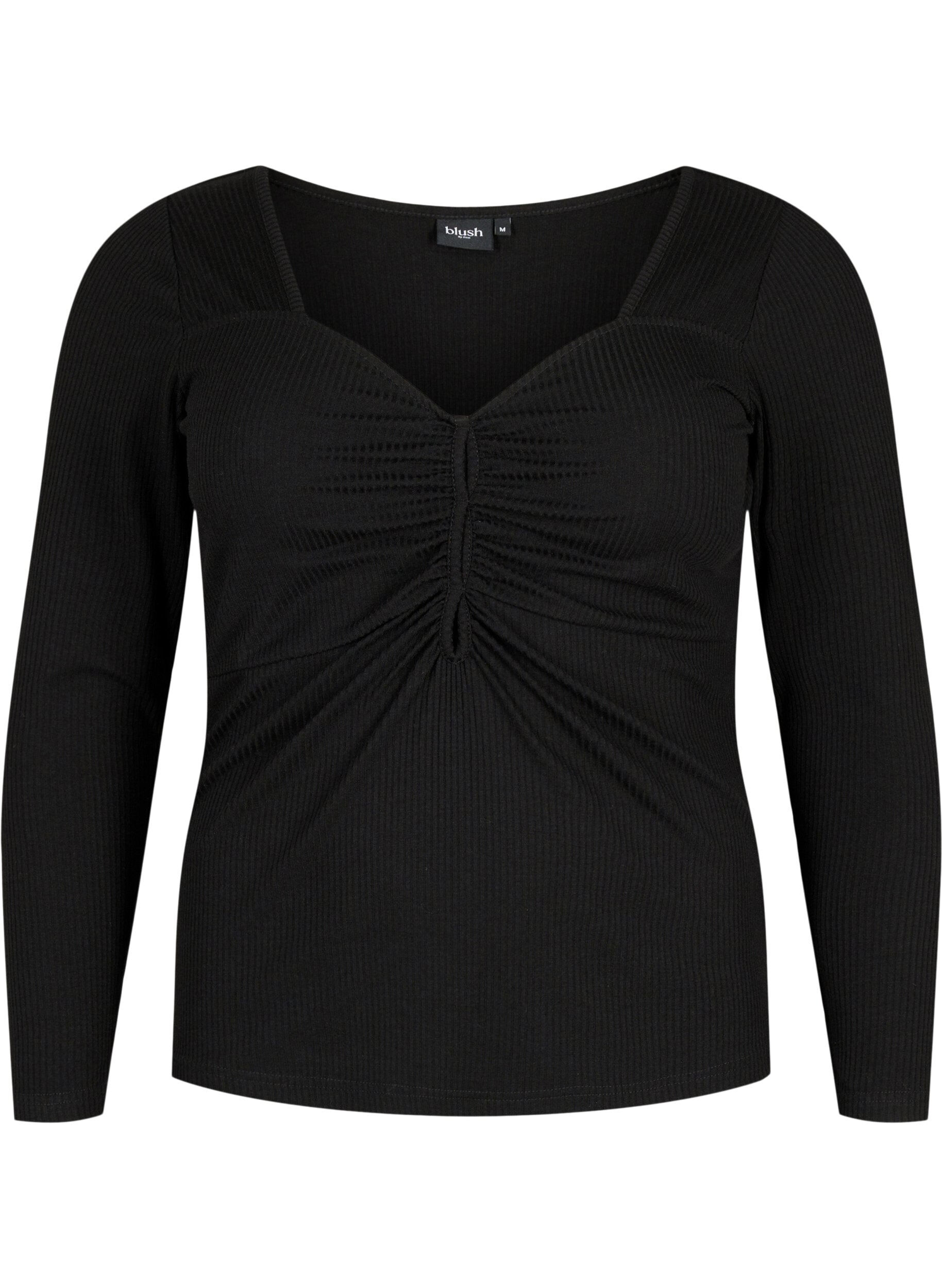 Zizzi Geribbelde blouse met gaatjesdetail, Black, Packshot image number 0