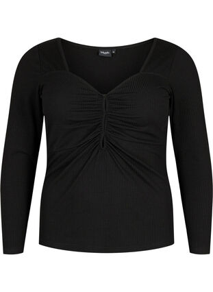 Geribbelde blouse met gaatjesdetail, Black, Packshot image number 0