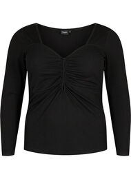 Geribbelde blouse met gaatjesdetail, Black, Packshot